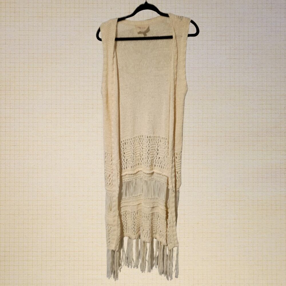 Bohemian 2000s Moon River Sleeveless Woven Cardigan Fringe Small S.